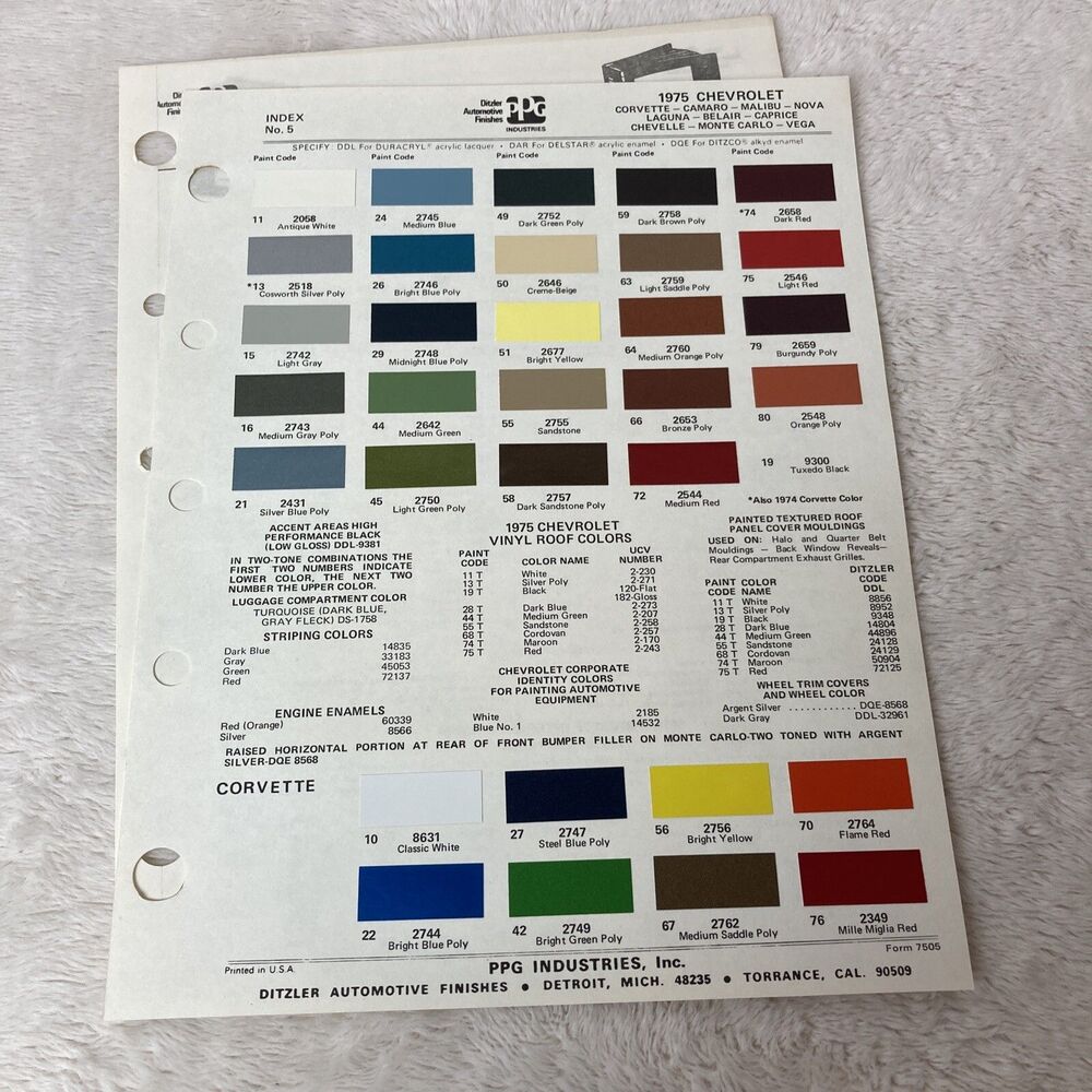1975 Chevrolet Colors Ditzler PPG Color Chips Color Information Vintage